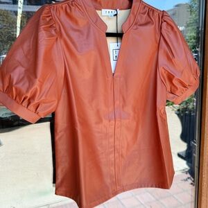 THML Rust Puff-Sleeve Faux Leather Top